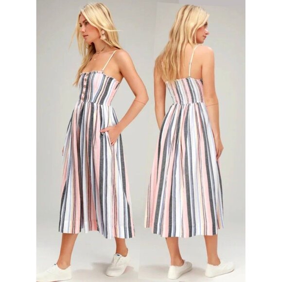 Free People Lilah Multi Striped Pleated Button Front Midi Dress Women's Small - Picture 4 of 12